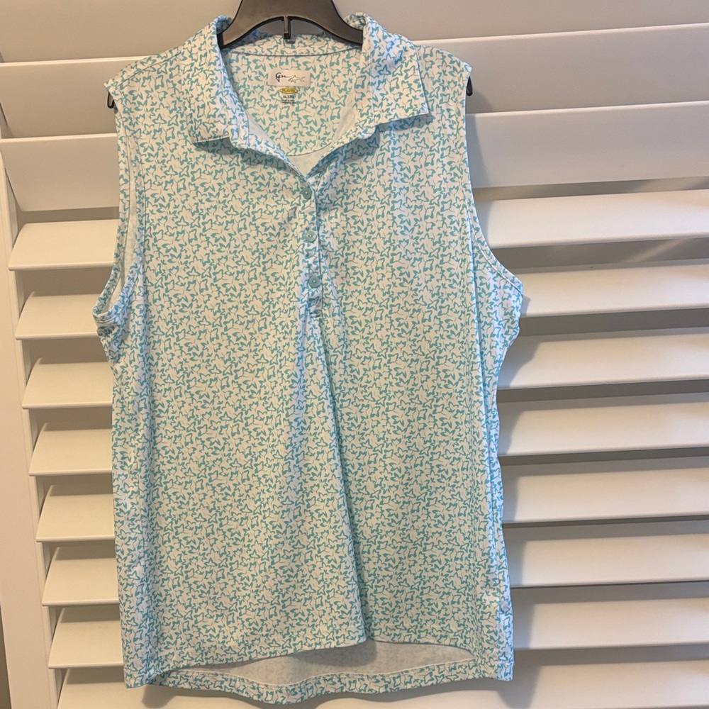 Greg Norman Women's Tropic Flower Sleeveless Golf Polo, Ocean Breeze, Sz: XL/TG